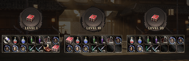 The three Apprentice Chests, for level 1, level 10 and level 20, each with its contents laid out beneath it: potions, scrolls, equipment and support items.