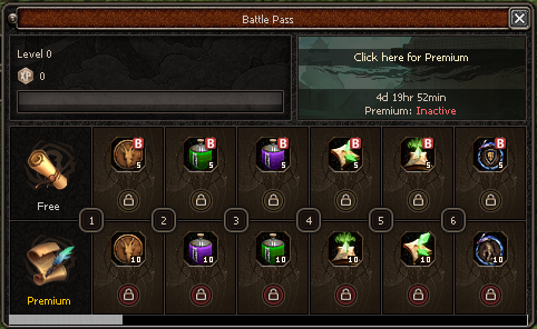The Battle Pass window: the current level and experience bar, the premium panel with its countdown, and two rows of rewards level by level, Free above and Premium below.