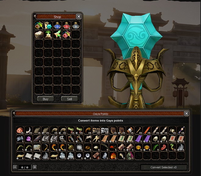 The Gaya Points window, Convert items into Gaya points: a grid of materials and items that can be converted, each with its amount, and a Convert Selected button; above it the Gaya Shop with Buy and Sell, beside the Gaya crystal.