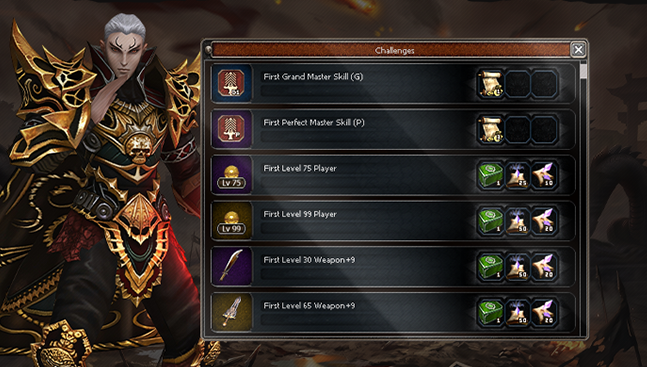 The Challenges window: First Grand Master Skill (G), First Perfect Master Skill (P), First Level 75 Player, First Level 99 Player, First Level 30 Weapon+9 and First Level 65 Weapon+9, each with its rewards.