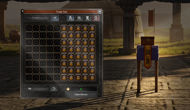 The Trade Hub window beside a shop stall: the shop’s name, a toolbar, a grid of item slots, the time the shop stays open, the Yang earned and a Claim Money button.