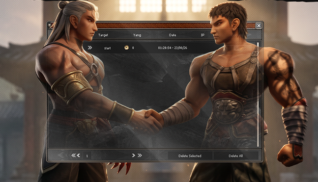 The Trade Log window over two warriors shaking hands: a list of trades with the target, the Yang, the date and the IP, page arrows, and Delete Selected and Delete All buttons.