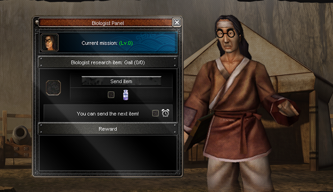 The Biologist Panel beside the Biologist: the current mission, the research item and how many have been sent, a Send item button, two options, a note that the next item can be sent, and the reward.