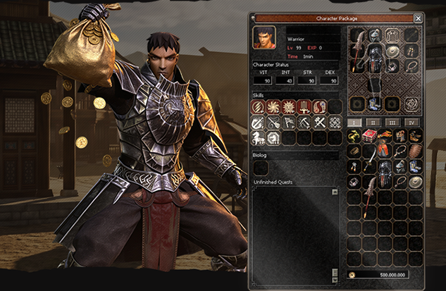 The Character Package window: a level 99 Warrior with its status points, its skills, its full set of equipment and an inventory of items, and 500,000,000 Yang.