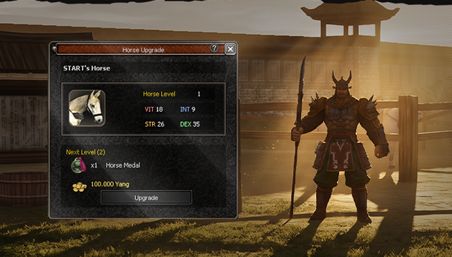 The Horse Upgrade window: a horse at level 1 with VIT 18, INT 9, STR 26 and DEX 35, and the next level, which needs 1 Horse Medal and 100,000 Yang, with an Upgrade button.