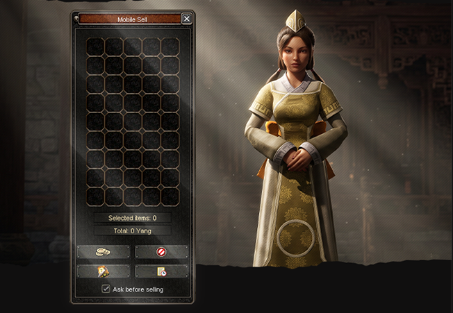 The Mobile Sell window: a grid for the items to sell, the number of selected items and their total in Yang, four action buttons and an Ask before selling option.
