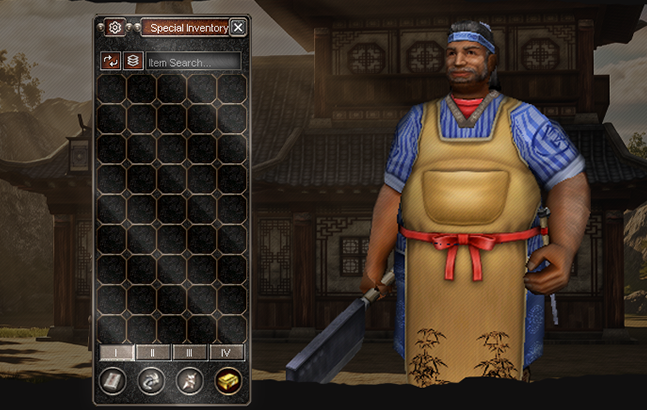The Special Inventory window beside the blacksmith: an item search, sort and stack buttons, a grid of slots over four pages, and category buttons along its foot.