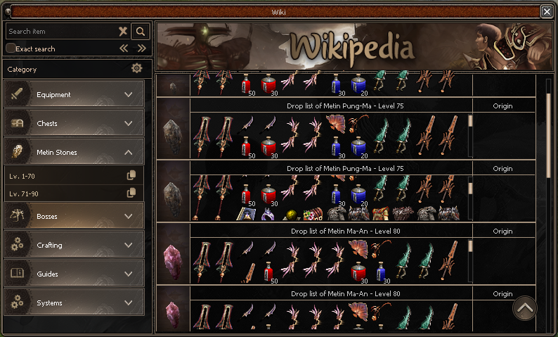 The Wiki window: an item search with Exact search, the categories Equipment, Chests, Metin Stones, Bosses, Crafting, Guides and Systems, and the drop lists of the Metin Stones of level 75 and 80, each with its origin.